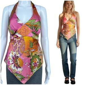 VTG Cache Y2K Silk Scarf Print Babydoll Fairy Beaded Halter Top Size 8 Boho 90s